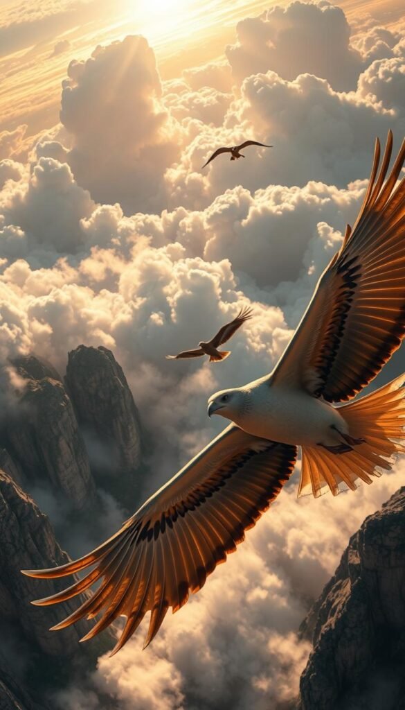 A sweeping aerial vista showcasing the dynamic forces behind avian flight. In the foreground, outstretched wings elegantly slice through the air, their feathers intricately detailed. In the middle ground, birds soar with effortless grace, their bodies harnessing the invisible currents of lift and thrust. The background reveals the larger natural world - rugged cliffs, billowing clouds, and a radiant sky illuminated by warm, directional lighting. The overall scene conveys a sense of power, agility, and the intricate biomechanics that allow these magnificent creatures to defy gravity and master the skies.