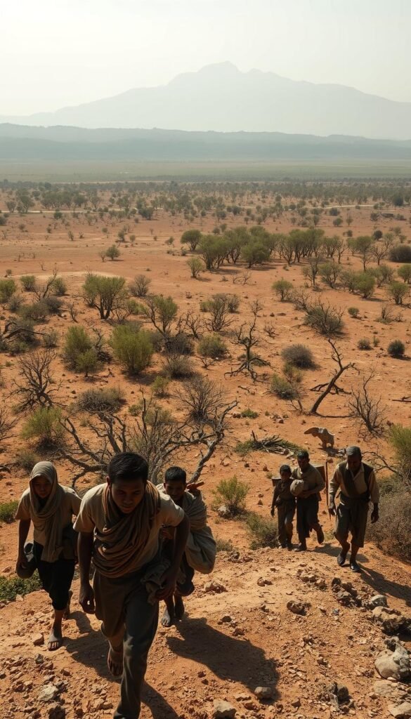 A sweeping, panoramic view of a vast, arid landscape, scarred by the effects of climate change. In the foreground, a group of displaced individuals, their faces etched with the strain of hardship, trudge through the parched earth, carrying meager possessions. The middle ground is dominated by a once-lush, verdant habitat, now withered and dry, with the skeletal remains of trees and shrubs. In the distant background, a towering mountain range looms, its peaks partially obscured by a hazy, oppressive atmosphere. The lighting is harsh, casting long, harsh shadows, conveying a sense of desolation and despair. The scene is rendered with a muted, earthy color palette, heightening the sense of environmental degradation and human struggle.