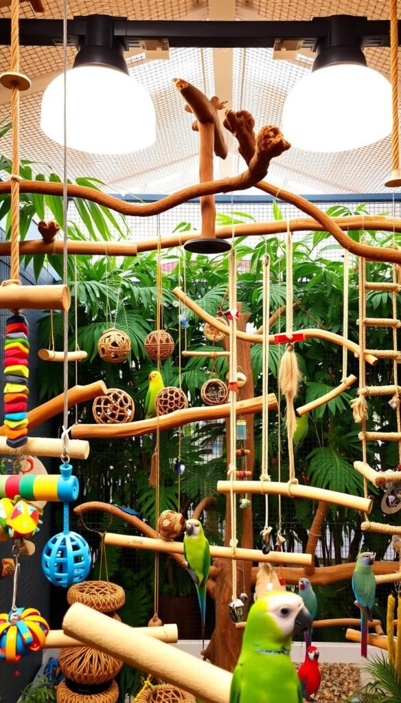 A tastefully designed aviary filled with a variety of engaging bird toys and enrichment items. In the foreground, colorful chew toys, swinging perches, and mirror-equipped ladders invite interaction. The middle ground showcases hanging foraging puzzles, natural wood branches, and suspended ropes for climbing. In the background, a lush, verdant plant life creates a nurturing, biophilic atmosphere. Warm, diffused lighting from overhead sources accentuates the textures and hues, evoking a sense of comfort and security for the feathered inhabitants. The overall scene conveys a harmonious, stimulating environment that caters to a parrot's innate behavioral needs.