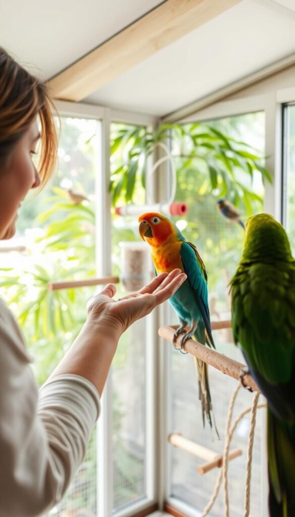 A tranquil aviary setting with soft, natural lighting filtering through large windows. In the foreground, a bird owner gently introduces a new feathered companion to their existing flock, extending a hand with calm, welcoming gestures. The birds observe curiously, their colorful plumage catching the gentle illumination. In the middle ground, perches and feeders provide a comfortable environment, while the background features lush, verdant foliage creating a serene, inviting atmosphere. The scene conveys a sense of care, patience, and the gradual, thoughtful process of integrating a new bird into an established avian family.
