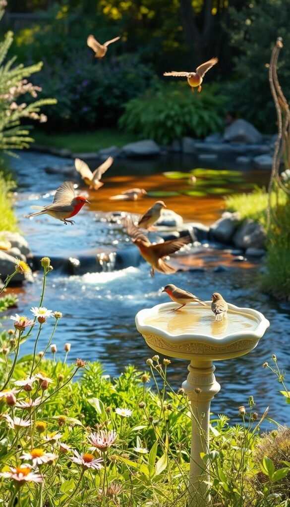 A tranquil backyard oasis, lush with native Ohio flora, where birds alight upon a serene water source. In the foreground, a birdbath overflows with crystal-clear water, surrounded by delicate wildflowers and verdant foliage. The middle ground showcases a gently flowing stream, its rippling surface catching the warm glow of the afternoon sun. In the distance, a small pond reflects the vibrant hues of the sky, inviting avian visitors to quench their thirst and bathe their feathers. The scene exudes a calming ambiance, designed to attract a diverse array of Ohio's beloved backyard birds.