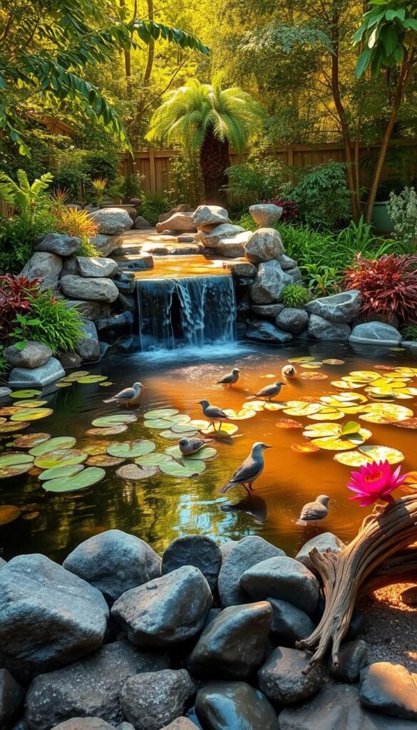 A tranquil backyard water feature, bathed in warm golden sunlight filtering through lush foliage. A gently cascading waterfall flows into a serene pond, its surface dotted with floating lily pads. Vibrant aquatic plants line the edges, creating a lush, naturalistic scene. In the foreground, smooth river rocks and driftwood accent the scene, while birds flit and splash in the refreshing waters. The overall atmosphere is one of peaceful harmony, inviting birds and other wildlife to this oasis of calm.