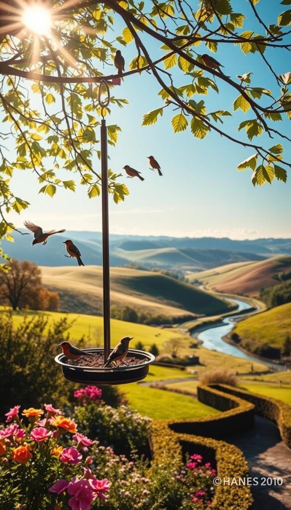 A tranquil bird feeder set against the lush, rolling hills of Ohio's countryside. Sunlight filters through the branches, casting a warm, golden glow on the scene. In the foreground, a variety of songbirds flit and flutter around the feeder, their vibrant plumage a symphony of colors. The middle ground features a well-tended garden, its blooming flowers and neatly trimmed hedges adding to the serene ambiance. In the distance, a gently winding stream reflects the azure sky, completing the picturesque, pastoral landscape. Composed with a wide-angle lens to capture the depth and breadth of this quintessential Ohio bird feeding moment.