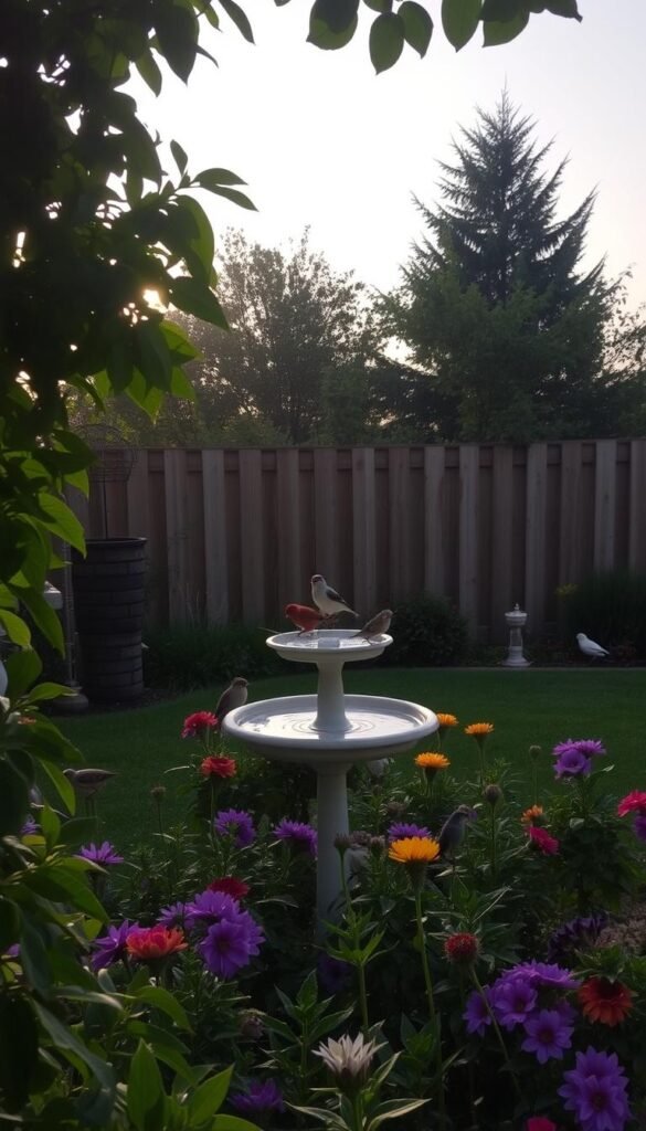 A tranquil bird garden at dawn, the soft morning light filtering through lush foliage. In the foreground, a bird feeder attracts a flurry of activity, with various species perched and flitting about. The middle ground features a birdbath, its surface gently rippling, surrounded by well-tended flowering plants. In the background, a wooden fence frames the scene, with the silhouettes of trees against a gradually brightening sky. The overall atmosphere is peaceful and serene, inviting the viewer to pause and observe the optimal time of day for bird watching.