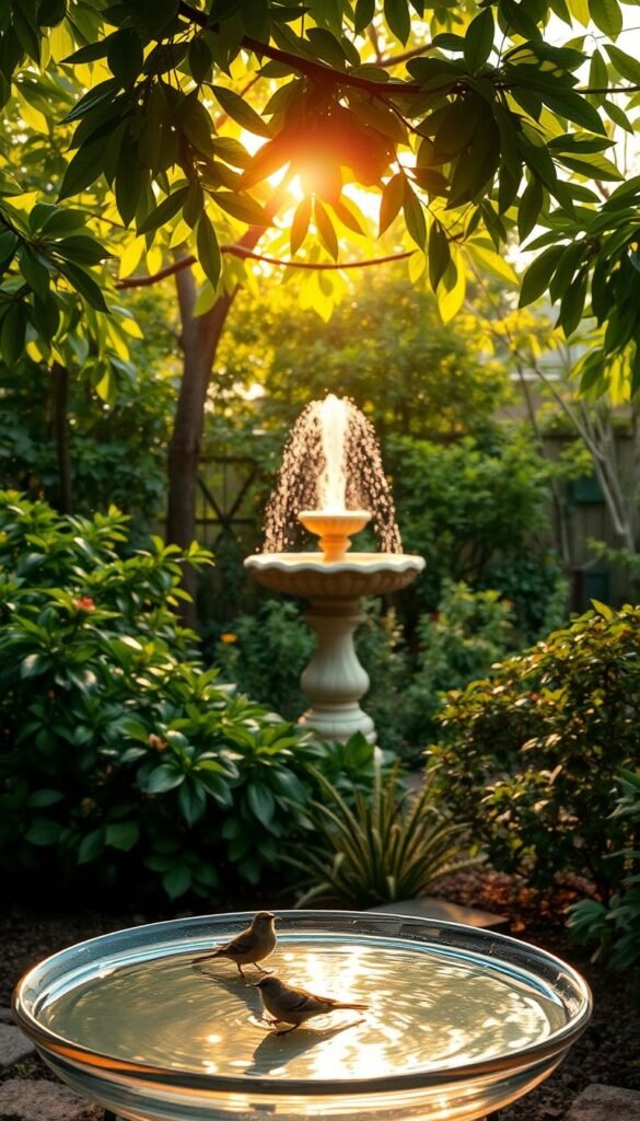 A tranquil bird sanctuary with a serene, natural landscape. In the foreground, a shallow bird bath filled with crystal-clear water, inviting feathered visitors to bathe and hydrate. In the middle ground, a birdbath fountain bubbles softly, its gentle spray misting the air. Lush, verdant foliage frames the scene, providing shaded perches and cover for the birds. The warm, golden light of a late afternoon sun filters through the leaves, casting a soft, diffused glow over the entire composition. The overall mood is one of peaceful coexistence, where birds can find the essential resources they need to thrive in a harmonious backyard habitat.
