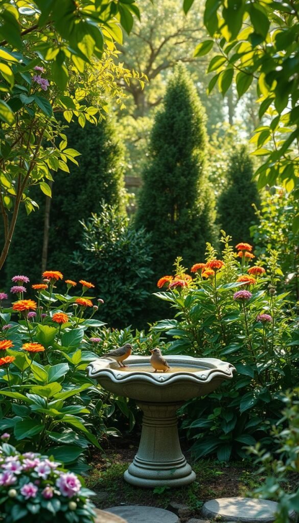 A tranquil birdbath nestled in a lush backyard garden, capturing the essence of a soothing oasis for feathered visitors. The birdbath is crafted from natural stone, its gently sloping basin inviting birds to bathe and quench their thirst. Surrounding the birdbath, a tapestry of verdant foliage, including vibrant flowering plants and towering trees, creates a serene and inviting environment. Warm, diffused sunlight filters through the leaves, casting a soft, natural glow over the scene. The overall composition evokes a sense of peace and harmony, perfectly showcasing a welcoming haven for a variety of backyard bird species.