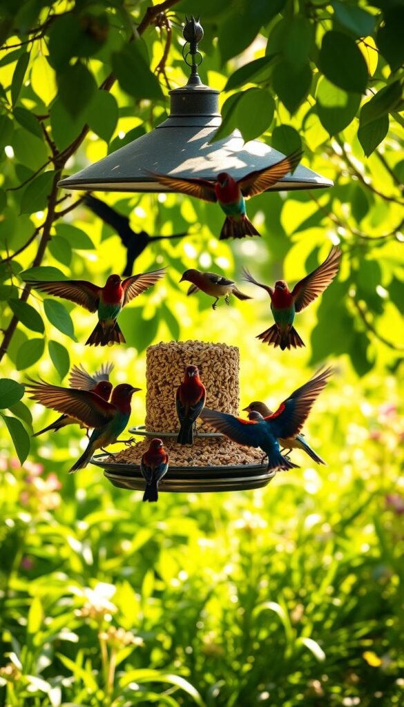 A tranquil birdfeeder filled with an array of bird seed, surrounded by a lush, verdant garden. Natural sunlight filters through the leaves, casting a warm, golden glow on the scene. A flock of vibrant, feathered friends gather on the feeder, eagerly feasting on the nourishing treats. The birds' silhouettes are captured in mid-motion, their wings outstretched as they gracefully land and take flight. The overall atmosphere is one of peaceful serenity, inviting the viewer to pause and observe the captivating dance of nature's winged inhabitants.