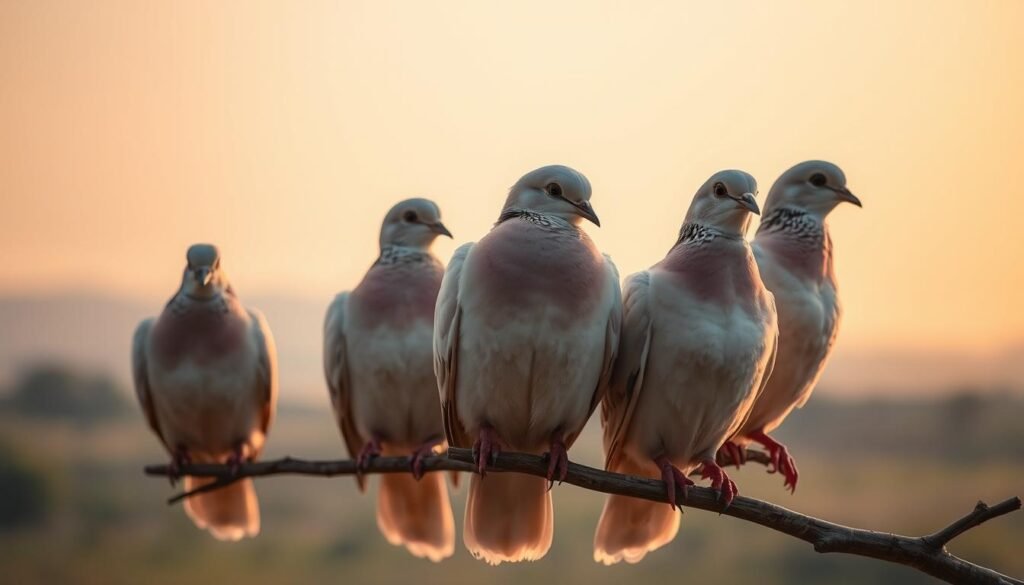 A tranquil flock of gently cooing doves perched on a branch, their soft, iridescent feathers reflecting the warm glow of a golden sunset. The birds appear serene and content, their heads tilted slightly as they converse in a melodic duet. The scene is bathed in a soft, diffused light, creating a peaceful, calming atmosphere. In the background, a blurred, hazy landscape suggests a pastoral setting, adding to the sense of gentle repose. The image is captured through a medium-length lens, allowing the viewer to appreciate the delicate details of the doves' features and the overall harmony of the composition. A tranquil flock of gently cooing doves perched on a branch, their soft, iridescent feathers reflecting the warm glow of a golden sunset. The birds appear serene and content, their heads tilted slightly as they converse in a melodic duet. The scene is bathed in a soft, diffused light, creating a peaceful, calming atmosphere. In the background, a blurred, hazy landscape suggests a pastoral setting, adding to the sense of gentle repose. The image is captured through a medium-length lens, allowing the viewer to appreciate the delicate details of the doves' features and the overall harmony of the composition.