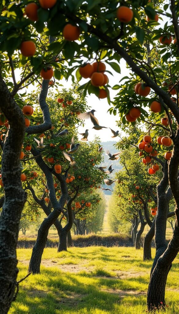 A tranquil orchard of persimmon trees, their branches laden with vibrant orange fruit, stands as a verdant haven for a flock of songbirds. Soft natural light filters through the leaves, casting a warm glow over the scene. In the foreground, the textured bark and twisted limbs of the trees create a tactile and inviting composition. The middle ground is alive with the fluttering of wings as birds dart among the persimmons, feasting on the nutritious bounty. In the background, a lush, rolling landscape frames the orchard, hinting at the broader ecosystem that sustains these resilient and life-giving trees. The overall atmosphere is one of harmony and abundance, where nature provides both sustenance and shelter for its avian inhabitants.