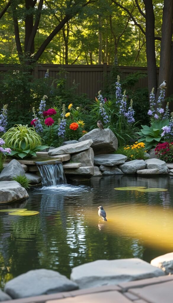 A tranquil outdoor water feature set in a lush backyard bird garden. A gently cascading waterfall spills into a serene pond, surrounded by a verdant garden of native plants and flowers that attract a variety of birds. Soft natural lighting filters through the trees, casting a warm glow on the scene. The water's surface reflects the surrounding foliage, creating a sense of peaceful harmony. Smooth stones line the pond's edge, inviting guests to sit and observe the birds as they bathe and drink. This idyllic setting serves as a welcoming oasis for backyard birds and a calming respite for the human observer.