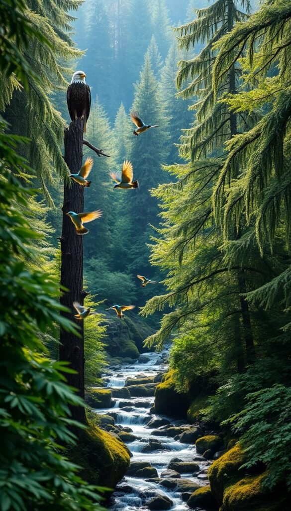 A tranquil scene in the lush forests of the Pacific Northwest, where vibrant bird species thrive amidst the verdant foliage. In the foreground, a bald eagle perches atop a towering Douglas fir, its keen eyes scanning the landscape for signs of life. In the middle ground, a group of Steller's jays flutter between the branches, their vivid blue plumage contrasting with the rich greens of the undergrowth. In the background, a gentle stream winds its way through the mossy rocks, reflecting the dappled sunlight that filters through the canopy. The overall atmosphere is one of serene harmony, highlighting the importance of preserving this delicate ecosystem for the well-being of the region's diverse avian inhabitants.