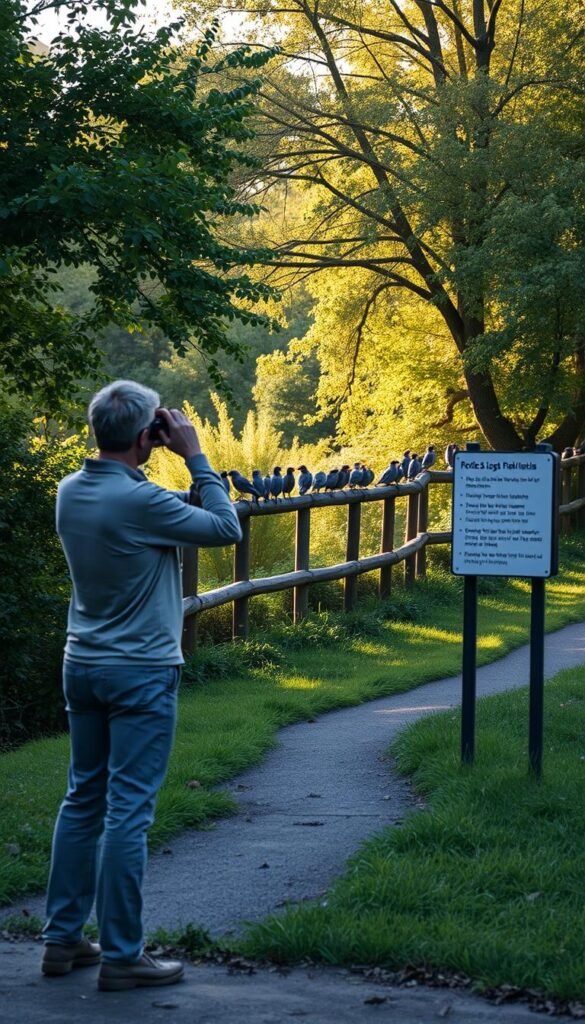 A tranquil scene of a birdwatcher respectfully observing wildlife within a well-maintained nature preserve. In the foreground, a person dressed in neutral colors stands silently, binoculars in hand, gazing at a flock of birds perched on a wooden fence. The middle ground features lush, verdant foliage and a meandering trail, indicating the preservation of the natural habitat. In the background, a sign clearly displays the park's rules and regulations, emphasizing the importance of responsible conduct. Warm, diffused sunlight filters through the trees, creating a serene and inviting atmosphere that encourages the viewer to appreciate the beauty of the environment while upholding the principles of responsible birdwatching.