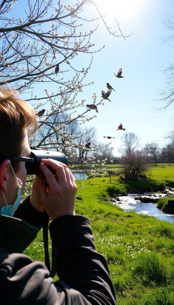 A tranquil spring morning, sunlight filtering through the budding trees. In the foreground, a birdwatcher with binoculars gazes intently, capturing the vibrant colors and graceful movements of songbirds flitting among the branches. The middle ground reveals a lush, verdant meadow, dotted with wildflowers in bloom. In the distance, a babbling brook reflects the azure sky, its gentle murmurs creating a soothing ambiance. The lens captures the sense of renewal and wonder, inviting the viewer to immerse themselves in the joy of spring birdwatching.