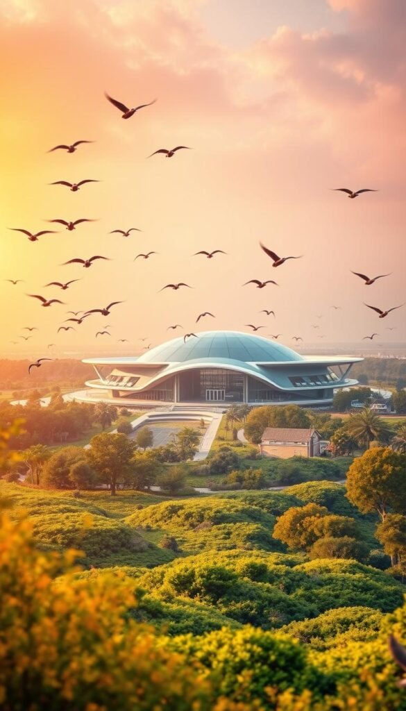 A vast, expansive landscape of the future, where migration research takes center stage. In the foreground, a flock of birds soars gracefully against a vibrant, hazy sky, their movements captured in a blur of vibrant colors. The middle ground features a state-of-the-art research facility, its sleek, futuristic architecture and technology-laden interior hinting at the cutting-edge work being conducted within. In the background, a panoramic view of a lush, verdant habitat, where scientists study the intricate patterns and behaviors of migratory species, using advanced sensors and data analysis to unravel the mysteries of their journeys. Warm, natural lighting casts a soft, dreamlike glow over the entire scene, evoking a sense of wonder and possibility in the field of migration research.