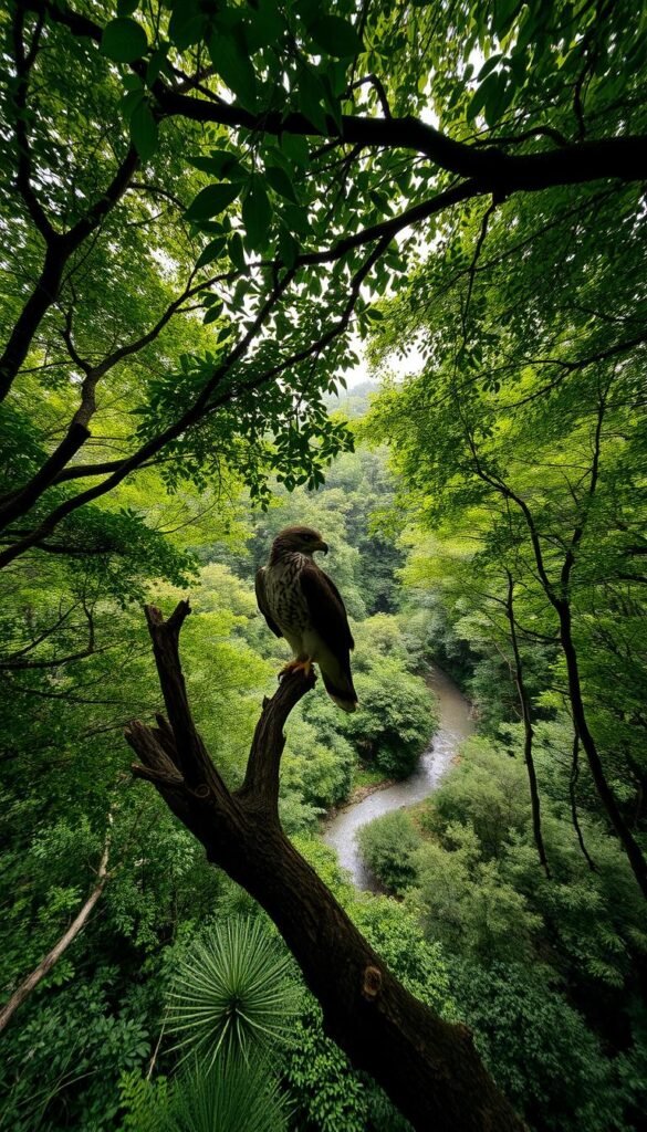 A vast, lush forest canopy, dappled with sunlight filtering through the verdant leaves. In the foreground, a weathered tree trunk serves as a perch for a majestic raptor, its sharp talons gripping the bark. The bird's keen eyes scan the undergrowth below, alert for any sign of movement - the telltale scurry of small prey. The air is thick with the calls of distant songbirds, a symphony that echoes through the tranquil woodland. Across the middle ground, a winding creek meanders, its calm surface reflecting the surrounding foliage. Beyond, the forest deepens, its shadows obscuring the secrets that lie within, hinting at the diverse habitats and hidden behaviors of these powerful avian predators.