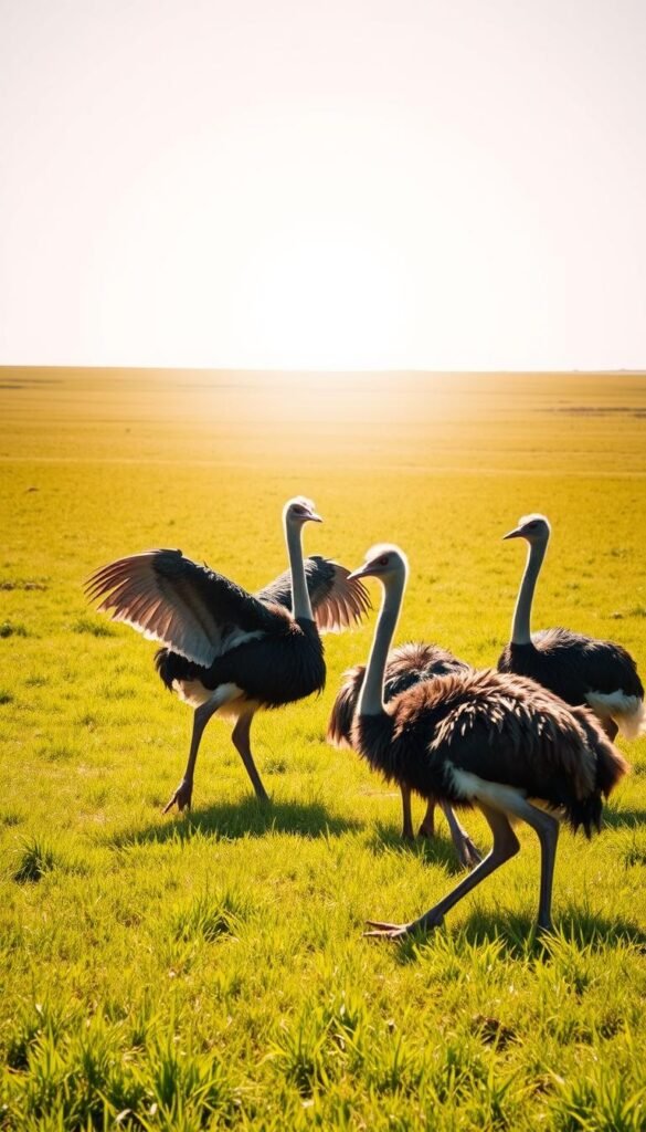 A vast open field with lush green grass, under a bright, warm sun. In the foreground, a group of flightless birds, two emus and one ostrich, engage in a lively display of behaviors. The emus strut with their wings outstretched, necks extended, and feathers ruffled, while the ostrich dances with its head bobbing and feet stomping. Their interactions are animated and expressive, capturing the essence of their unique behavioral traits. The scene is captured with a wide-angle lens, allowing the viewer to observe the birds' dynamic movements and interactions within the peaceful, natural setting.
