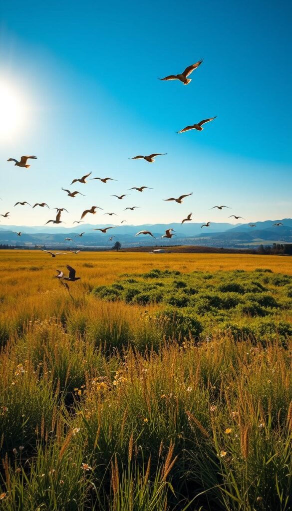 A vast, sun-dappled grassland stretches out beneath a cerulean sky, dotted with clusters of wildflowers and waving grasses. In the foreground, a flock of birds of various species take flight, their graceful forms silhouetted against the light. The middle ground is filled with lush, verdant foliage, creating a haven for avian life. In the background, rolling hills and distant mountains provide a serene, natural backdrop. The scene is illuminated by warm, golden-hour lighting, casting a soft, ethereal glow over the entire landscape. This image captures the essential harmony between grasslands and the vibrant birdlife they support, a testament to the vital role of habitat conservation.