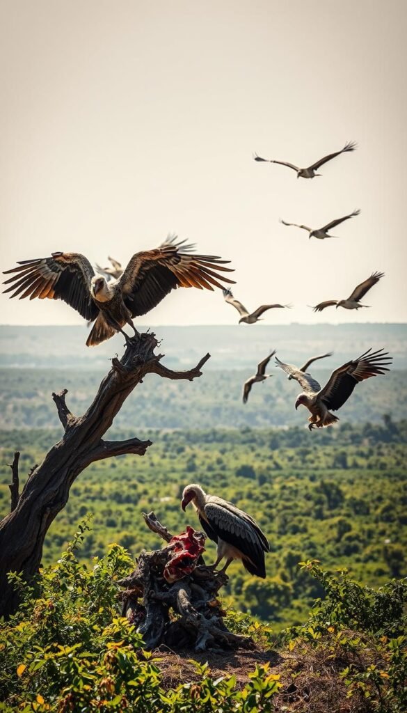 A vast, sun-dappled landscape where a murder of vultures gather, their weathered wings outstretched as they perch atop a twisted, gnarled tree. In the foreground, two vultures methodically tear at the remains of a long-deceased animal, their sharp beaks and talons efficiently cleaning the bones. In the middle ground, others soar gracefully on the warm thermals, their silhouettes casting shadows across the lush, verdant undergrowth. The background fades into a hazy horizon, creating a sense of timeless serenity as these avian scavengers carry out their vital role in the circle of life.