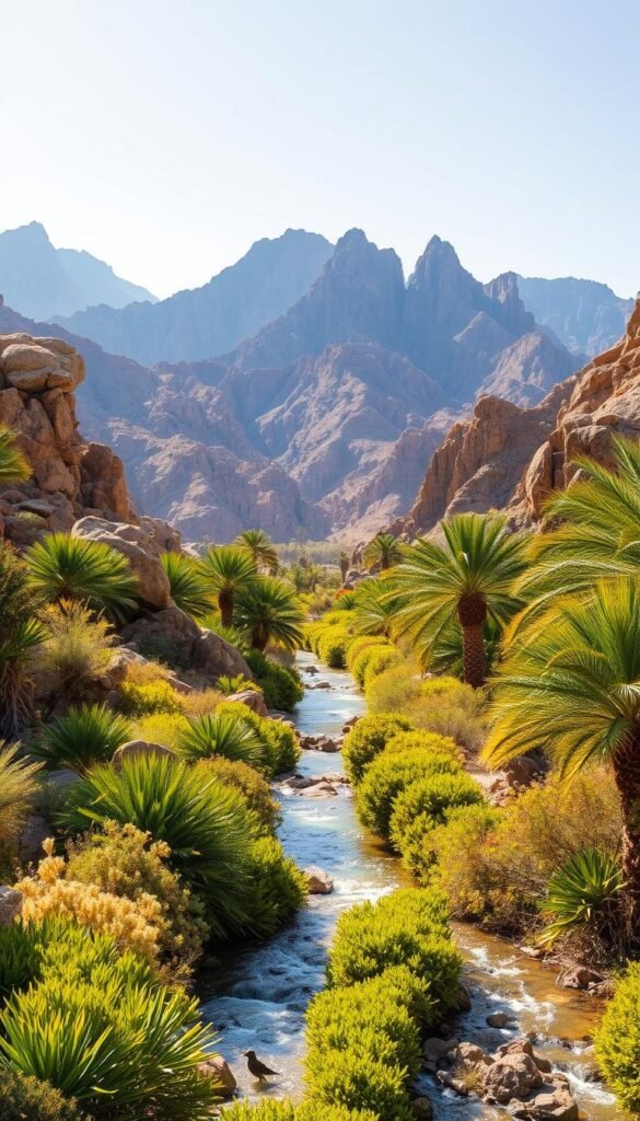 A vast, sun-drenched desert canyon stretches out, lined with lush, swaying palm groves and rocky outcroppings. In the foreground, a crystal-clear stream meanders through the oasis, surrounded by vibrant, verdant vegetation teeming with flitting birds. Towering, rugged mountains rise up in the distance, their peaks bathed in warm, golden light. The scene is filled with a sense of tranquility and natural abundance, creating a perfect haven for diverse avian species to thrive. Capture this serene desert paradise, with its captivating blend of arid landscapes and lush, riparian habitats.