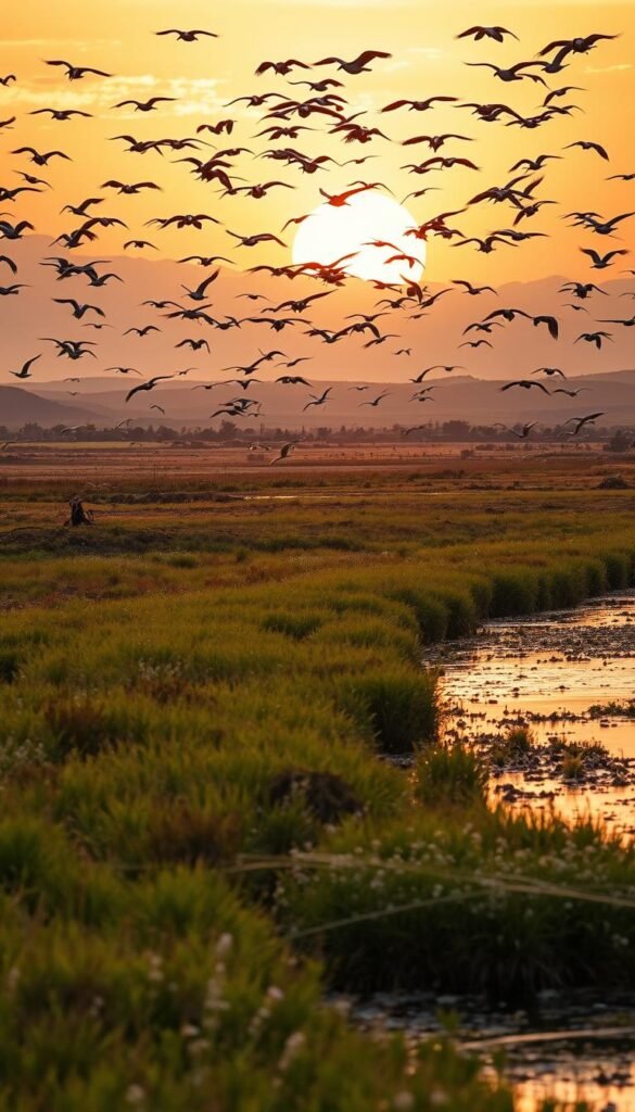 A vast wetland landscape with a flock of migratory birds soaring overhead against a golden sunset sky. In the foreground, conservation workers carefully monitor nesting sites, setting up protective barriers and maintaining habitat. The middle ground depicts a lush riverbank with tall grasses, reeds, and clusters of wildflowers, providing a natural sanctuary for the birds. In the background, rolling hills and distant mountains create a serene, tranquil atmosphere. The scene is bathed in a warm, soft light, conveying a sense of harmony and the importance of preserving these critical migratory corridors.