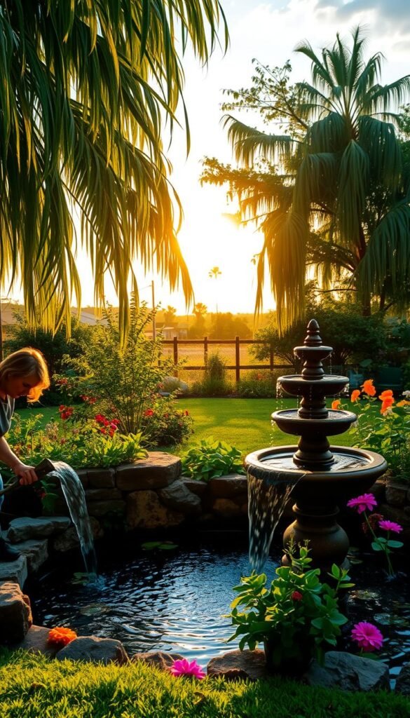 A verdant backyard garden with a well-maintained water feature, bathed in warm, golden afternoon light. In the foreground, a person tenderly cleans and inspects the feature, ensuring its smooth operation and pristine appearance. The middle ground showcases the tranquil, gently flowing water, surrounded by carefully tended plants and flowers that attract vibrant wildlife. In the background, a lush, naturalistic landscape with swaying trees and a serene sky completes the peaceful, harmonious scene, inviting relaxation and a connection with nature.