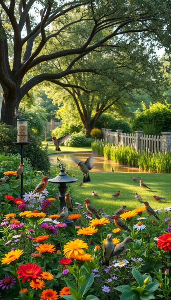 A verdant backyard teeming with a vibrant ecosystem of backyard birds. In the foreground, a lush garden bursting with native flowers, feeders, and birdbaths attracting a diverse array of species - vibrant hummingbirds, cheerful sparrows, and curious finches. The middle ground showcases a sheltering tree canopy, providing shade and nesting sites. In the background, a serene pond reflects the sky, surrounded by rustling grasses and flowering shrubs - a tranquil oasis for the local avian community. Soft, natural lighting filters through the scene, casting a warm, inviting glow. An angle that captures the depth and interconnectedness of this thriving backyard bird habitat.