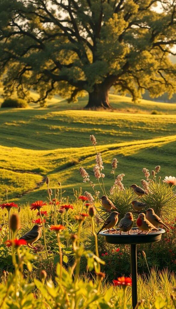 A verdant landscape with rolling hills and lush vegetation, illuminated by warm, golden sunlight. In the foreground, a group of birds - sparrows, finches, and robins - rest on a bird feeder, their feathers ruffled by a gentle breeze. In the middle ground, a diverse array of native plants and flowers bloom, their vibrant colors contrasting with the soft, earthy tones of the soil. In the background, a towering oak tree stands, its branches providing shade and shelter for the birds. The scene conveys a sense of harmony and resilience, as the birds adapt to the changing climate with the help of the nurturing environment.