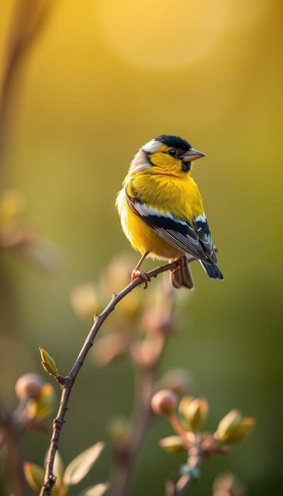 A vibrant Lesser Goldfinch, its vibrant yellow plumage gleaming in the warm afternoon light, perches gracefully on a delicate branch. Its dark cap and wings contrast beautifully against the soft, blurred foliage in the middle ground, hinting at a lush, verdant habitat. The subject is framed with a shallow depth of field, creating a sense of focus and intimacy. The overall mood is serene and inviting, capturing the essence of this delightful western songbird in its natural environment.