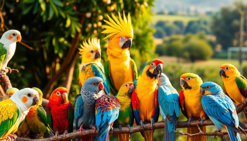 A vibrant and captivating array of the top 10 most popular pet bird species, showcased in a natural setting. In the foreground, a lively group of colorful parrots, cockatiels, and parakeets perch on branches, their feathers shimmering under warm, golden lighting. In the middle ground, a graceful cockatoo and a majestic macaw take center stage, their unique crests and striking plumage capturing the viewer's attention. The background features a lush, verdant landscape, with a hint of a peaceful, open-air aviary setting, inviting the viewer to imagine the joy and enrichment these beloved avian companions can bring into a home. A vibrant and captivating array of the top 10 most popular pet bird species, showcased in a natural setting. In the foreground, a lively group of colorful parrots, cockatiels, and parakeets perch on branches, their feathers shimmering under warm, golden lighting. In the middle ground, a graceful cockatoo and a majestic macaw take center stage, their unique crests and striking plumage capturing the viewer's attention. The background features a lush, verdant landscape, with a hint of a peaceful, open-air aviary setting, inviting the viewer to imagine the joy and enrichment these beloved avian companions can bring into a home.