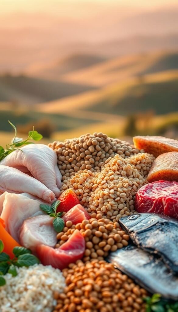 A vibrant and detailed image of various protein sources for pet food, arranged in a visually appealing composition. In the foreground, a selection of high-quality meats, including chicken, beef, and fish, presented in a natural, unprocessed manner. In the middle ground, an array of plant-based protein sources, such as soybeans, lentils, and quinoa, neatly organized. The background features a soft, blurred landscape with rolling hills and a warm, golden-hour lighting, creating a sense of natural abundance and sustainability. The overall scene conveys the importance of a balanced, high-protein diet for pet health and well-being, while highlighting eco-friendly and ethical sourcing.