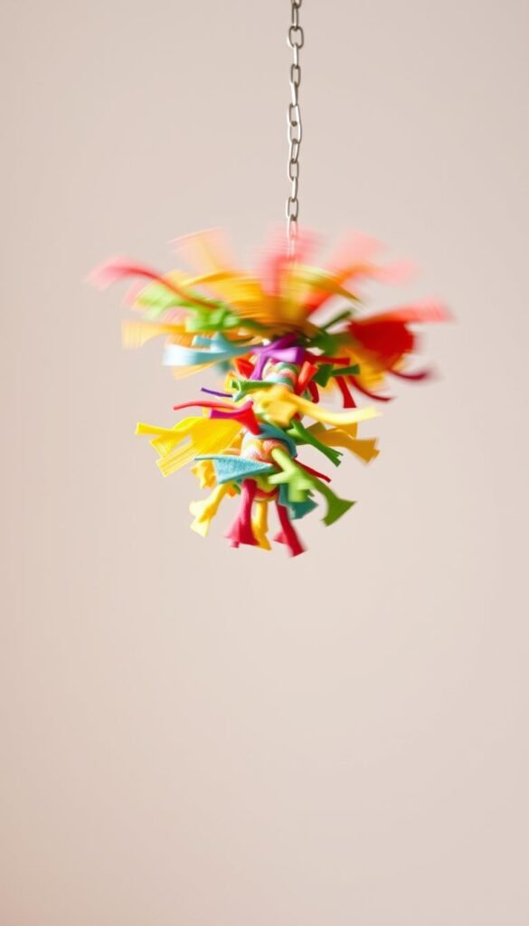 A vibrant and dynamic parrot toy spinning gracefully in a well-lit, airy environment. The toy is a colorful, textured creation with various shapes and textures, designed to engage and captivate the parrot's natural curiosity and playful instincts. The toy rotates steadily, casting dynamic shadows that dance across a soft, neutral background, creating a mesmerizing and visually stimulating scene. The lighting is natural and diffused, highlighting the toy's intricate details and the parrot's potential engagement with it. The camera angle is slightly elevated, offering an engaging, bird's-eye perspective that invites the viewer to imagine the parrot's experience with this new, exciting toy.
