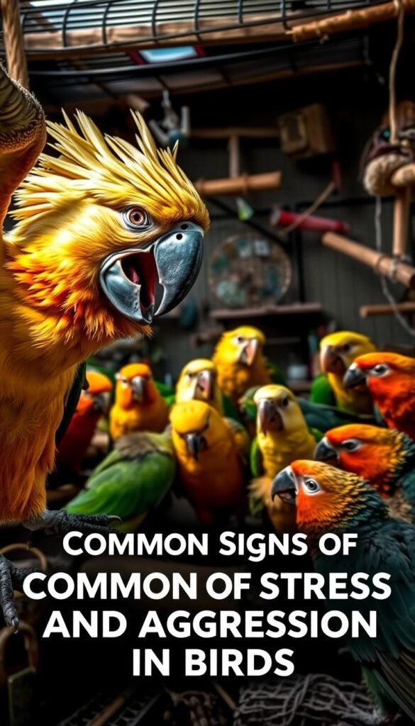 A vibrant and dynamic scene depicting the aggressive body language and intense expressions of a group of agitated birds. In the foreground, a large parrot with ruffled feathers, beak open in a threatening squawk, its wings spread wide. In the middle ground, a flock of smaller birds, their heads bobbing and bodies tense, engaged in a tense standoff. The background shows a cluttered aviary, with perches, toys, and a sense of confined space adding to the feeling of stress and tension. Dramatic lighting casts deep shadows, heightening the sense of drama and conflict. The overall mood is one of palpable aggression and distress, capturing the essence of the "Common Signs of Stress and Aggression in Birds."
