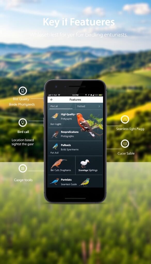 A vibrant and intuitive mobile app interface showcasing key features for birding enthusiasts. In the foreground, a sleek smartphone display highlights a bird identification guide with high-quality photographs, detailed information, and seamless navigation. The middle ground features interactive tools such as bird call playback, location-based sightings logs, and customizable checklists. In the background, a picturesque landscape of rolling hills, lush foliage, and a clear sky sets the serene tone for an immersive birdwatching experience. Subtle lighting and depth of field create a sense of depth and professionalism, inviting the user to discover the wonders of the avian world at their fingertips. A vibrant and intuitive mobile app interface showcasing key features for birding enthusiasts. In the foreground, a sleek smartphone display highlights a bird identification guide with high-quality photographs, detailed information, and seamless navigation. The middle ground features interactive tools such as bird call playback, location-based sightings logs, and customizable checklists. In the background, a picturesque landscape of rolling hills, lush foliage, and a clear sky sets the serene tone for an immersive birdwatching experience. Subtle lighting and depth of field create a sense of depth and professionalism, inviting the user to discover the wonders of the avian world at their fingertips.