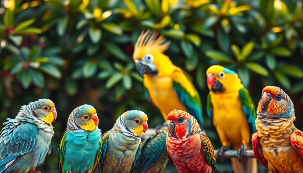 A vibrant and inviting flock of colorful pet birds perched in a lush, natural setting. In the foreground, a parakeet, cockatiel, and budgie chirp and preen, their feathers shimmering under soft, diffused lighting. In the middle ground, a cockatoo and parrot observe their feathered companions, their striking plumage accentuated by the warm, golden tones of the scene. In the background, a verdant foliage backdrop sets the stage, evoking a sense of tranquility and comfort. The overall composition conveys the beauty, energy, and charm of these delightful avian companions, inviting the viewer to imagine the joy of welcoming these feathered friends into one's home. A vibrant and inviting flock of colorful pet birds perched in a lush, natural setting. In the foreground, a parakeet, cockatiel, and budgie chirp and preen, their feathers shimmering under soft, diffused lighting. In the middle ground, a cockatoo and parrot observe their feathered companions, their striking plumage accentuated by the warm, golden tones of the scene. In the background, a verdant foliage backdrop sets the stage, evoking a sense of tranquility and comfort. The overall composition conveys the beauty, energy, and charm of these delightful avian companions, inviting the viewer to imagine the joy of welcoming these feathered friends into one's home.