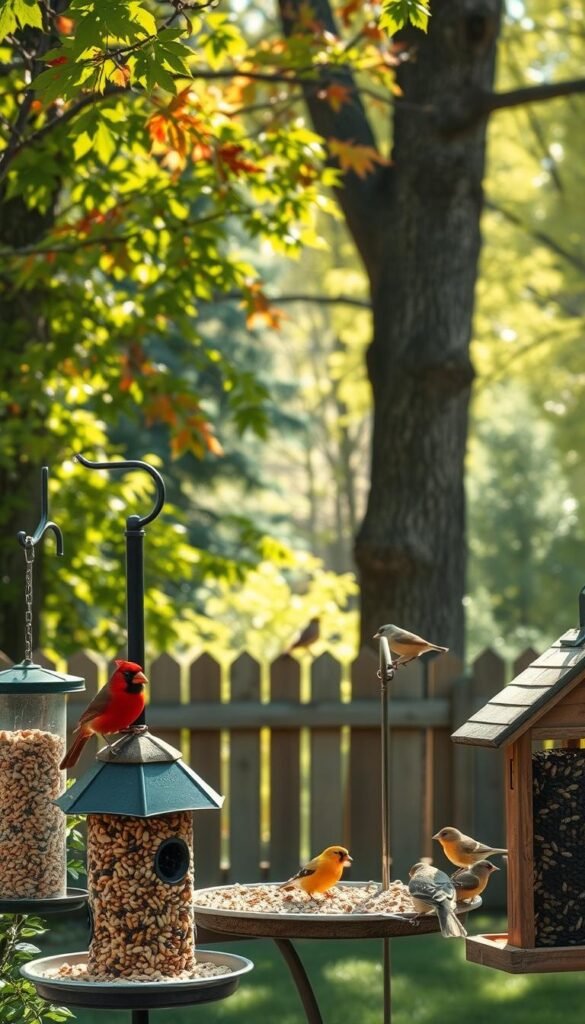 A vibrant and naturalistic bird feeding scene set in an Ohio backyard oasis. In the foreground, a variety of well-stocked feeders offering an array of seeds, suet, and nyjer. Perched on the feeders and nearby branches, a colorful cast of local birds like cardinals, chickadees, titmice, and goldfinches. Dappled sunlight filters through the lush foliage of maple and oak trees in the middle ground. In the background, a cozy wooden fence and the silhouettes of surrounding trees create a sense of depth and tranquility. Soft, diffused lighting imbues the scene with a warm, inviting atmosphere, capturing the essence of seasonal bird feeding in Ohio.
