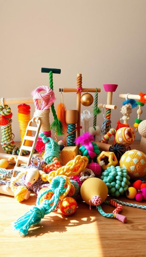 A vibrant and playful assortment of parrot toys arranged on a wooden surface, bathed in soft, natural lighting. In the foreground, a variety of colorful, textured toys, including ropes, ladders, and perches, inviting the curious parrot to explore and play. In the middle ground, a selection of chew toys and foraging puzzles, designed to stimulate the parrot's natural behaviors. The background features a neutral, uncluttered setting, allowing the toys to take center stage and highlight their importance in a parrot's enriched environment.