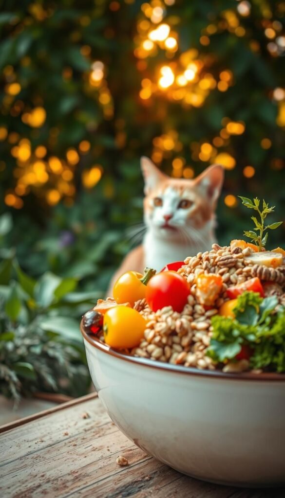 A vibrant and serene scene of sustainable pet nutrition, captured in a soft focus. In the foreground, a bowl overflows with an array of natural, organic ingredients - fresh vegetables, whole grains, and lean protein sources. The middle ground features a contented cat or dog, happily enjoying the nutritious meal. The background showcases a lush, verdant garden, illuminated by warm, golden sunlight filtering through the leaves. The overall atmosphere is one of harmony, health, and a deep connection between pets and their eco-conscious caretakers.