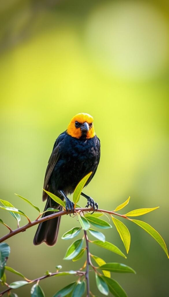 A vibrant and striking yellow-headed blackbird perched atop a lush green branch, its jet-black body providing a dramatic contrast. The bird's golden crown and piercing eyes are captured in sharp detail, as if the viewer is mere inches away. Soft, diffused natural lighting bathes the scene, creating a warm and inviting atmosphere. The background is blurred, placing the focus squarely on the captivating avian subject. This image perfectly encapsulates the beauty and uniqueness of the yellow-headed blackbird, a true gem among the small yellow birds.