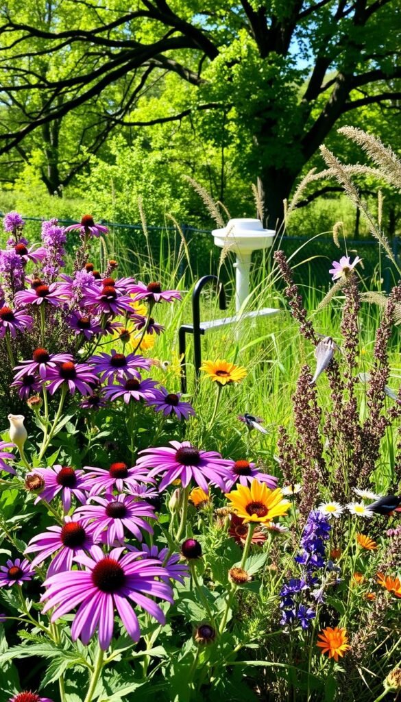A vibrant arrangement of native plants that attract a variety of birds, captured in a natural, sun-dappled setting. In the foreground, a lush grouping of flowering native perennials and shrubs, such as purple coneflowers, black-eyed Susans, and serviceberries, their petals and leaves gently swaying in a light breeze. The middle ground features a bird bath or feeder, surrounded by a mix of native grasses and wildflowers that provide both food and shelter for winged visitors. The background softly blurs into a verdant backdrop of mature native trees, their branches offering shade and nesting sites. The overall scene conveys a sense of harmony and abundance, inviting birds to thrive in this carefully curated, bird-friendly habitat.