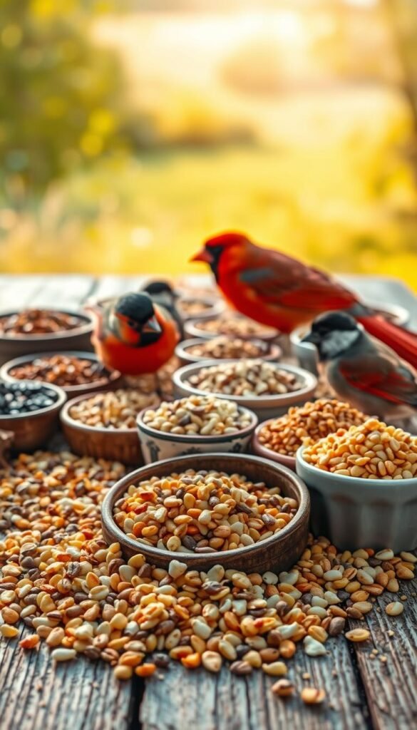 A vibrant array of bird seed blends laid out on a rustic wooden table, with a warm, natural lighting illuminating the scene. The foreground features an assortment of high-quality seeds, including millet, sunflower hearts, and safflower, artfully arranged in small bowls and cups. The middle ground showcases a few vibrant red cardinal feathers and some curious black-capped chickadees perched nearby, adding a touch of life and movement to the composition. The background subtly suggests a tranquil, countryside setting, with hints of lush greenery and soft, golden hues creating a welcoming, nature-inspired atmosphere.