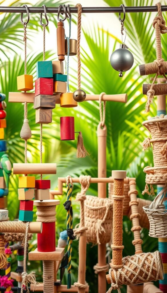 A vibrant array of parrot toys arranged in a captivating display. In the foreground, an assortment of colorful wooden blocks, natural wood perches, and swinging bells hang from a sturdy metal frame. The middle ground features a variety of textures, including rope ladders, woven baskets, and shredding toys, all designed to stimulate a parrot's natural curiosity and need for enrichment. In the background, a lush, tropical-inspired setting with verdant foliage and warm, diffused lighting creates a calming, naturalistic atmosphere. The overall composition conveys the diversity and importance of providing a stimulating and engaging environment for pet parrots.