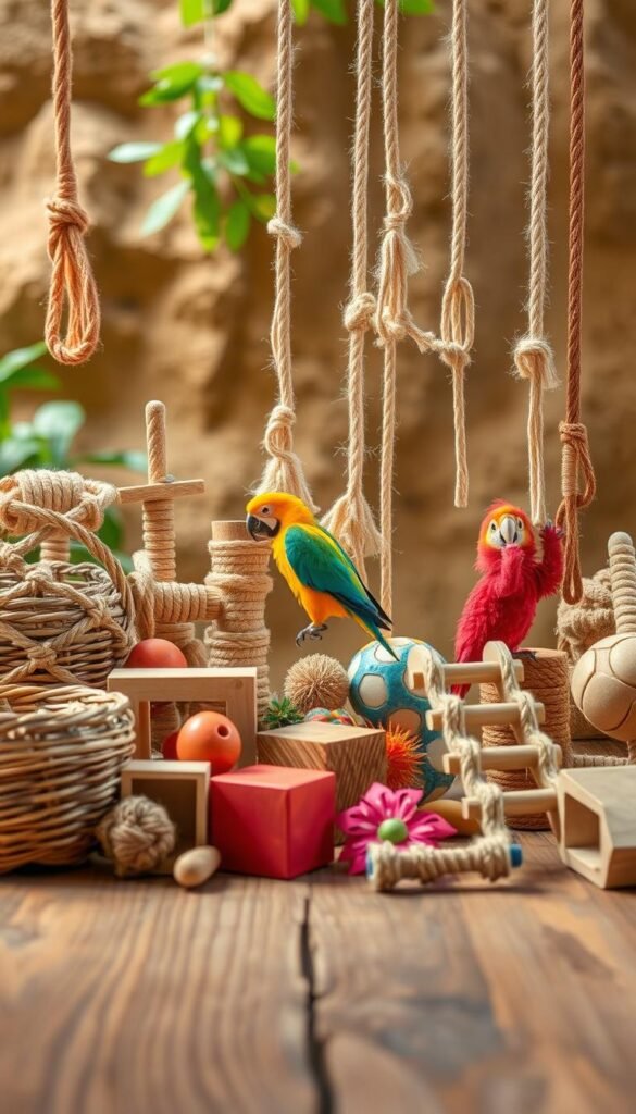 A vibrant assortment of foraging toys arranged on a wooden surface. In the foreground, a variety of textures and shapes, including woven baskets, wooden cubes, and rope ladders, invite exploration. The middle ground features dangling ropes and chains that sway gently, while the background showcases a natural, earthy backdrop with greenery, creating a serene, nature-inspired atmosphere. The lighting is soft and diffused, highlighting the rich tones and natural materials, evoking a sense of warmth and playfulness. The overall composition invites the viewer to imagine a curious parrot's delight in discovering and manipulating these captivating foraging toys.