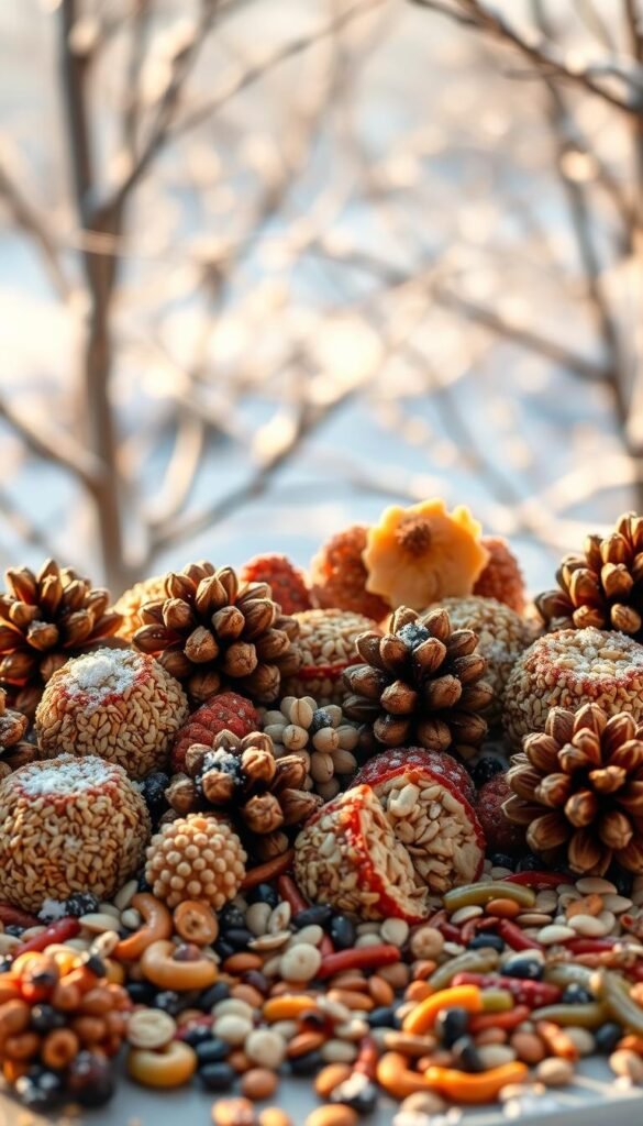 A vibrant assortment of high-calorie winter bird treats, meticulously arranged against a cozy, snow-dusted backdrop. In the foreground, an array of suet cakes, seed-filled pinecones, and dried fruit clusters nestle together, invitingly. The middle ground features a scattering of sunflower seeds and mealworms, while in the background, a softly blurred landscape of bare tree branches and a gentle snowfall creates a serene, winter-wonderland atmosphere. The warm, natural lighting casts a gentle glow, highlighting the rich colors and textures of the nutritious offering, designed to nourish and delight local feathered friends during the cold season.