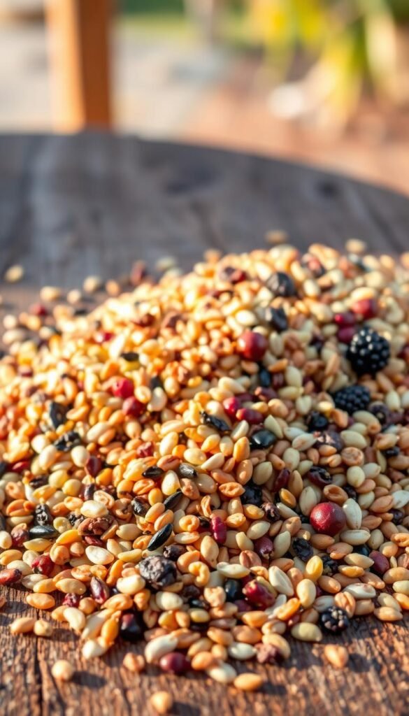 A vibrant assortment of high-quality bird seed mixes spills across a rustic wooden surface, illuminated by warm, natural lighting. The foreground features a blend of black oil sunflower seeds, millet, safflower, and nyjer, artfully arranged in a way that showcases their individual colors and textures. In the middle ground, clusters of dried berries, nuts, and fruit add pops of color, while the background reveals a softly blurred outdoor scene, hinting at the avian visitors this mix is intended to attract. The overall composition conveys a sense of abundance, quality, and a welcoming environment for backyard birds.