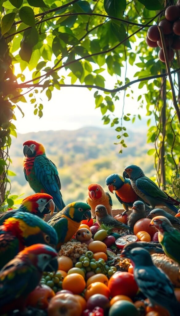A vibrant aviary scene, bathed in warm, natural light filtering through lush foliage. In the foreground, a variety of birds - from colorful parrots to sleek finches - feast on an array of fresh fruits and vegetables, their beaks eagerly exploring the diverse bounty. The middle ground reveals a lush, verdant backdrop, with leafy branches and vines creating a sense of depth and lushness. In the background, a softly blurred landscape suggests a tranquil, woodland setting, emphasizing the harmony between the birds and their natural environment. The overall composition conveys the importance of providing a varied, nutritious diet to support the health and wellbeing of our feathered friends.