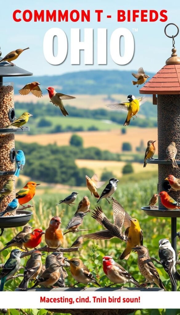 A vibrant aviary scene showcasing the diverse array of common bird species found in Ohio, captured in a warm, natural light. In the foreground, a lively group of colorful songbirds enthusiastically feeding at various suet, seed, and hummingbird feeders, each bird displaying its distinct plumage and feeding preferences. In the middle ground, a wider selection of finches, sparrows, and woodpeckers perched on the feeders or nearby branches, creating a harmonious composition. The background features a pastoral landscape of rolling hills, lush vegetation, and a clear, azure sky, setting the stage for this ornithological tableau. The overall impression is one of a thriving, well-stocked avian habitat, inviting the viewer to discover the delightful diversity of Ohio's feathered residents.