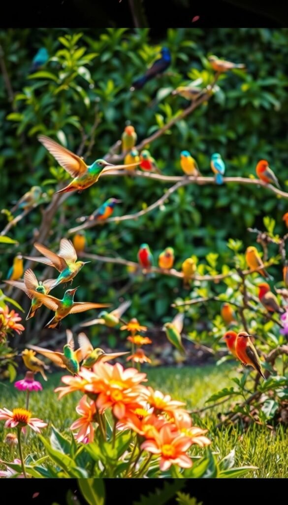 A vibrant backyard teeming with colorful birds, captured in a warm, natural light. In the foreground, a cluster of vibrant hummingbirds hover near a blooming flower patch, their iridescent feathers shimmering. In the middle ground, a variety of songbirds perch on branches, their plumage a symphony of blues, yellows, and reds. Further back, a lush green foliage forms a verdant backdrop, accentuating the vivid hues of the winged visitors. The scene exudes a sense of tranquility and wonder, inviting the viewer to imagine the delightful sights and sounds of a backyard teeming with a diverse array of avian life.