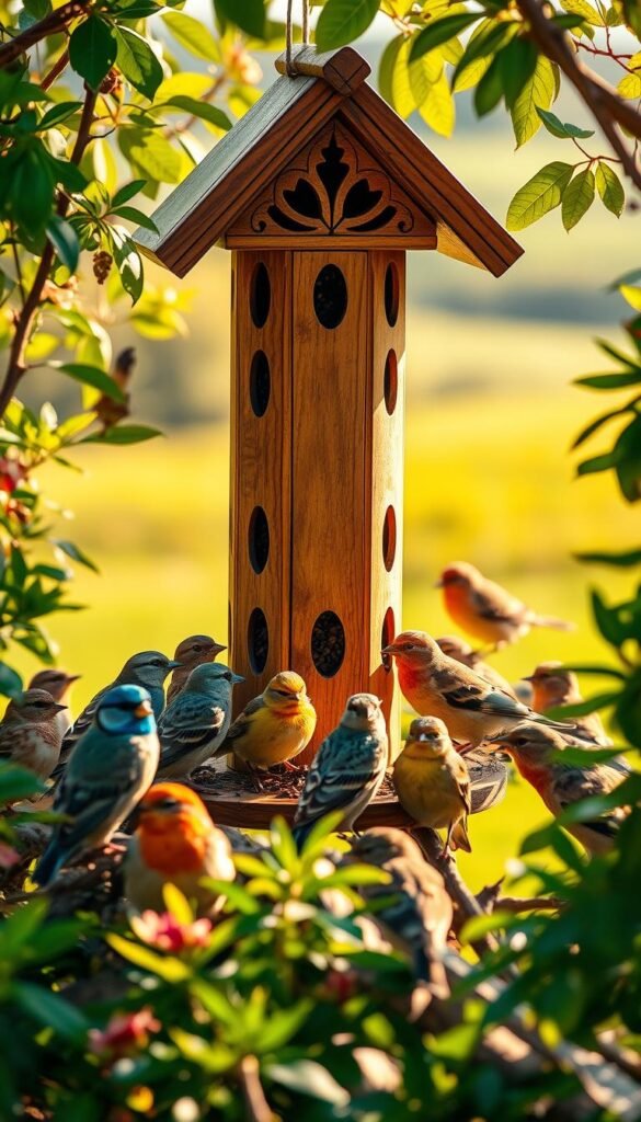 A vibrant bird feeder surrounded by lush greenery, bathed in warm, natural light. In the foreground, a variety of colorful birds - sparrows, finches, and chickadees - gathered intently, their delicate movements and expressive expressions capturing the essence of peaceful coexistence. The middle ground showcases a beautifully crafted wooden bird feeder, its intricate design complementing the rustic charm of the scene. In the background, a blurred, verdant landscape sets the stage, hinting at the tranquil, pastoral setting that provides sustenance and shelter for these feathered friends. This captivating image conveys the joy and serenity of bird feeding, inviting the viewer to immerse themselves in the gentle rhythm of nature.