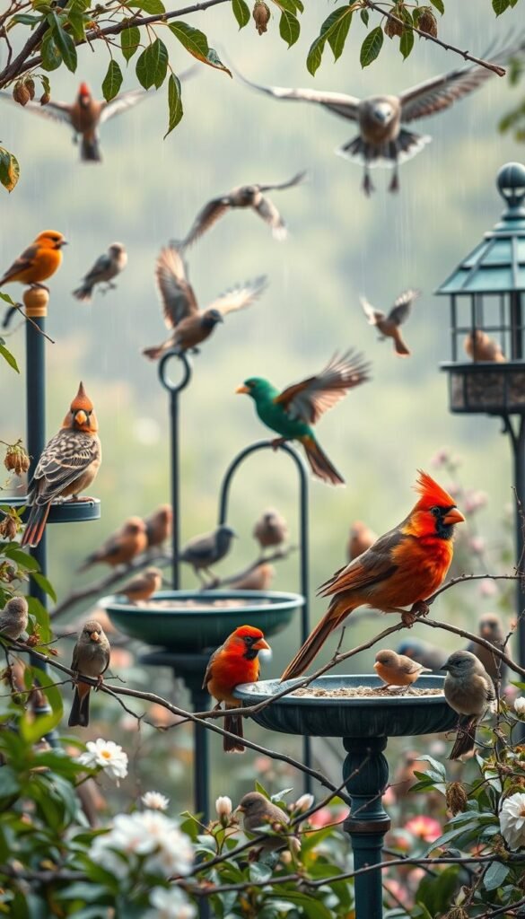 A vibrant bird garden captured in soft morning light, with a variety of avian species perching on branches, feeders, and birdbaths. The scene depicts the impact of different weather conditions on their activity levels - some birds flitting energetically, others huddled together seeking shelter from a light drizzle. The foreground features a striking cardinal, its vibrant plumage contrasting against the muted tones of the surrounding foliage. In the middle ground, smaller songbirds dart between feeders, while in the background, larger birds of prey soar gracefully on the updrafts. The overall composition conveys a sense of natural harmony, highlighting the dynamic relationship between weather and the behavioral patterns of the resident avian population.