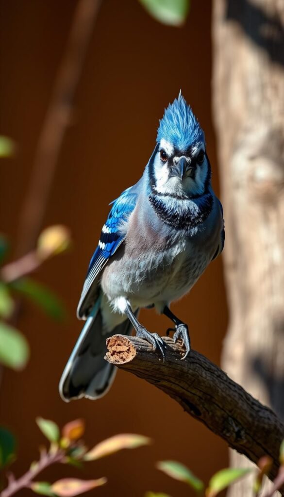 A vibrant blue jay perched gracefully on a weathered wooden branch, its striking crest feathers raised proudly. Crisp natural lighting accentuates the bird's bold blue hues and white underbelly, creating a striking contrast against the warm, textured background. The jay's intense gaze exudes a sense of bold confidence, as if challenging the viewer to admire its beauty. The scene is captured with a shallow depth of field, placing the bird in sharp focus while the surrounding foliage falls softly out of focus, emphasizing the jay's captivating presence.